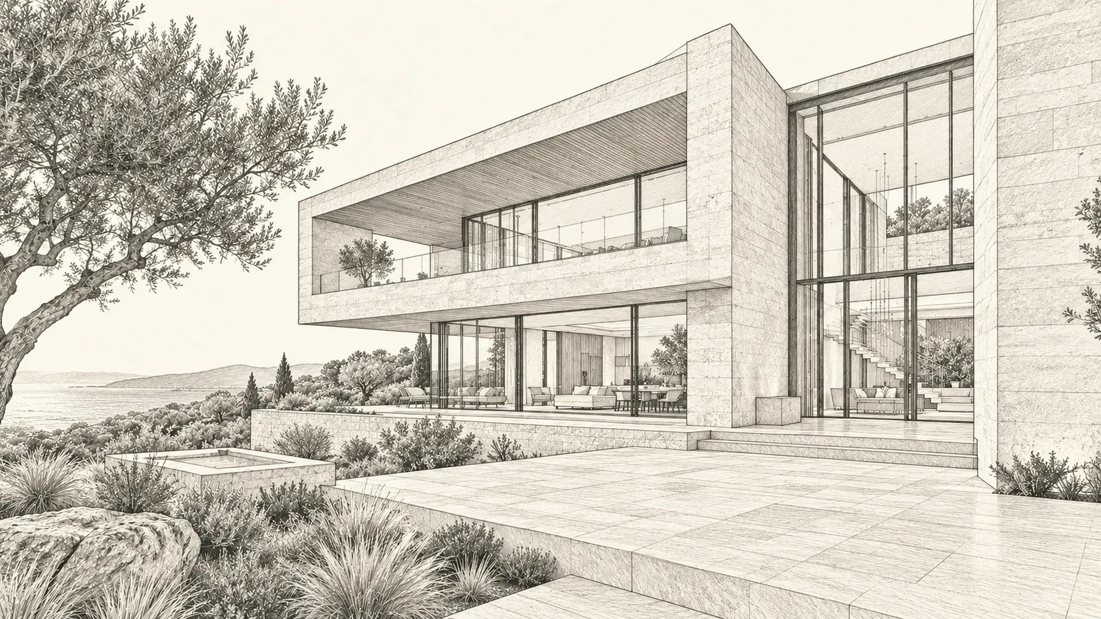 Architectural line drawing of a limestone courtyard house