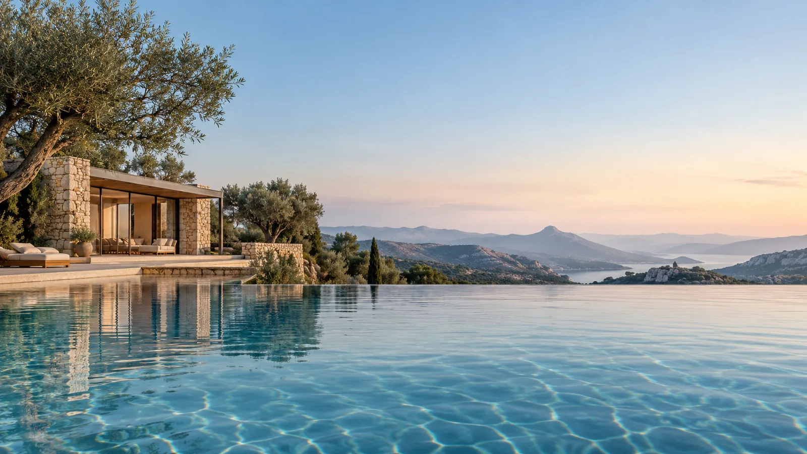 Sunlit retreat and reflective water in the Stillwater day-to-night experience