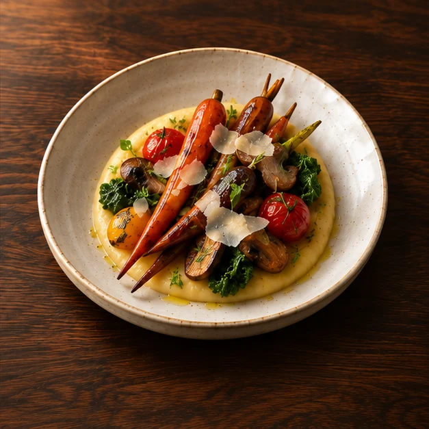 Angled ceramic plate with roasted vegetables, polenta, herbs and parmesan